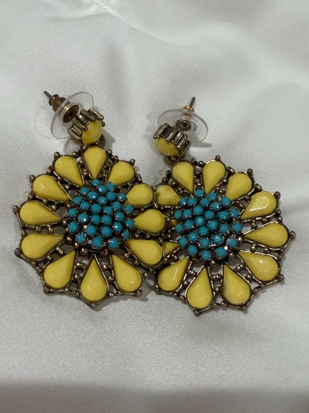 Anthropologie Yellow and Turquoise Flower-Shaped Girasol Earrings